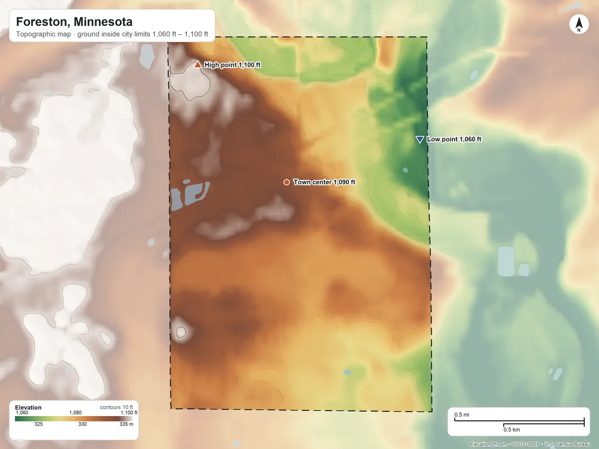 Topographic elevation map of Foreston, Minnesota, shaded from 1,060 ft on the east side to 1,100 ft on the northwest side