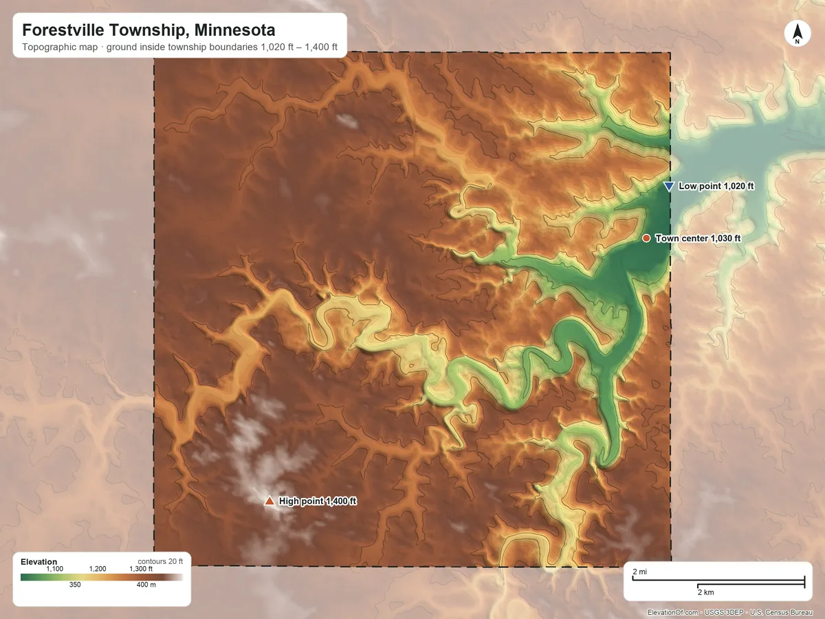 Topographic elevation map of Forestville Township, Minnesota, shaded from 1,020 ft near the middle to 1,400 ft on the southwest side