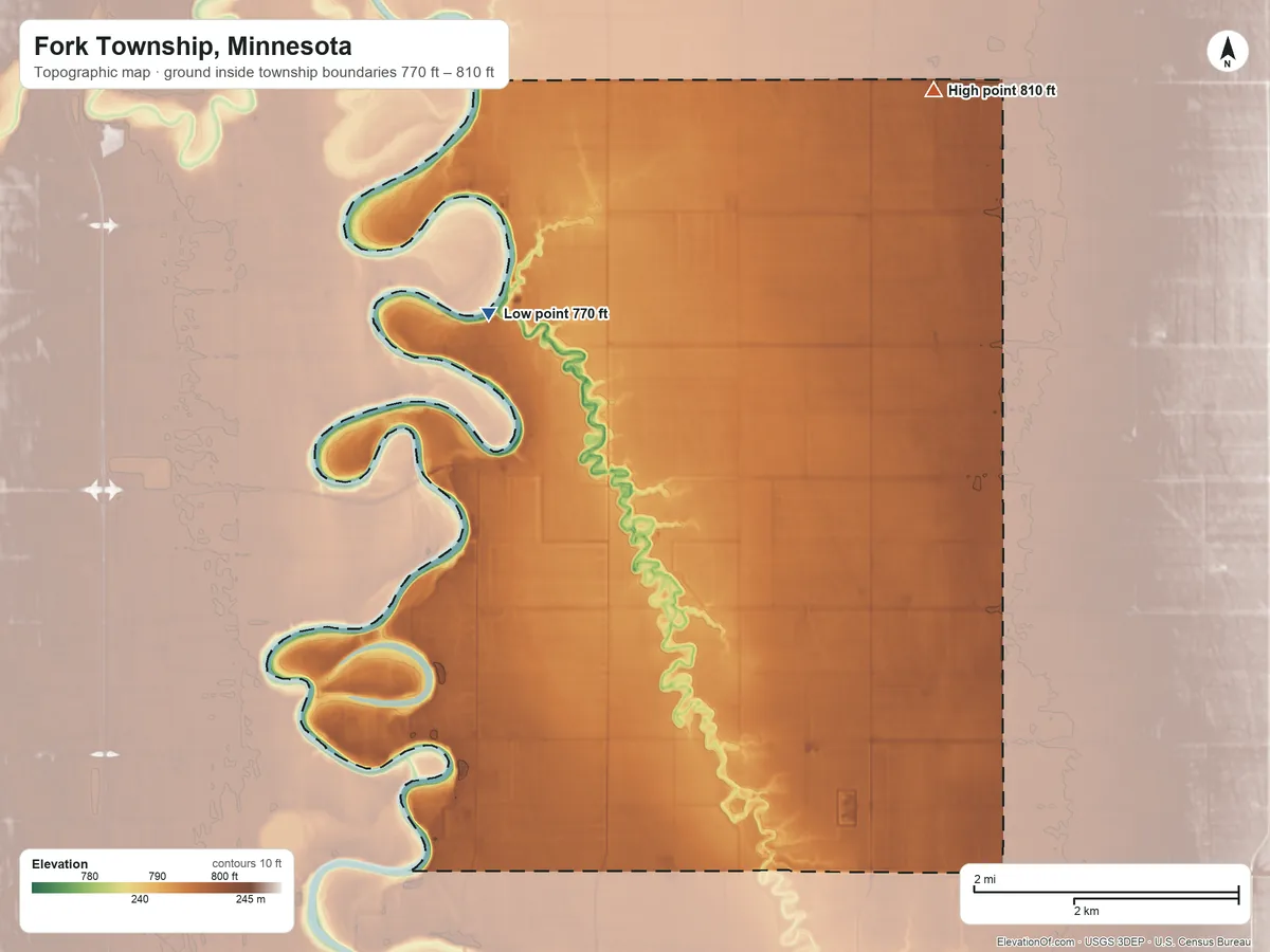 Topographic elevation map of Fork Township, Minnesota, shaded from 770 ft on the northwest side to 810 ft on the north side