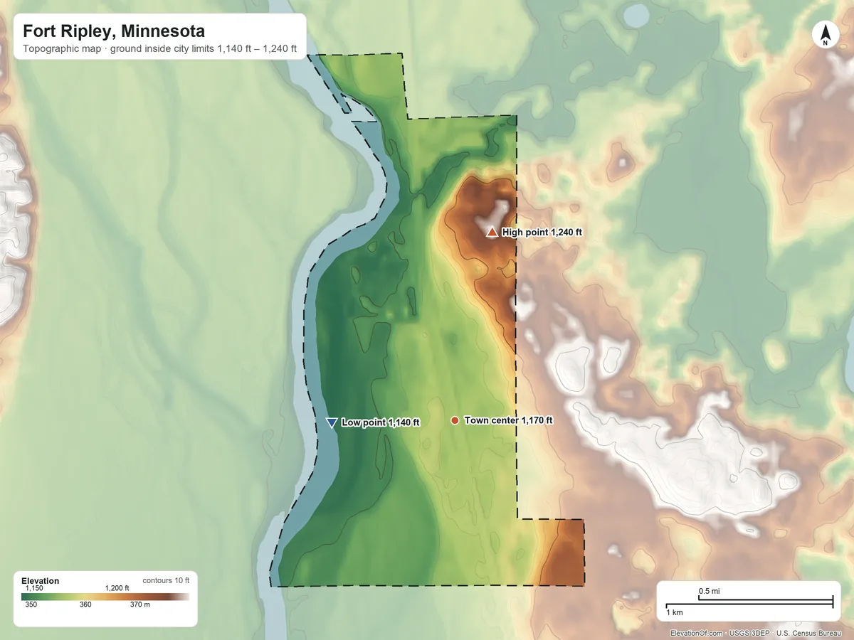 Topographic elevation map of Fort Ripley, Minnesota, shaded from 1,140 ft on the west side to 1,240 ft on the north side