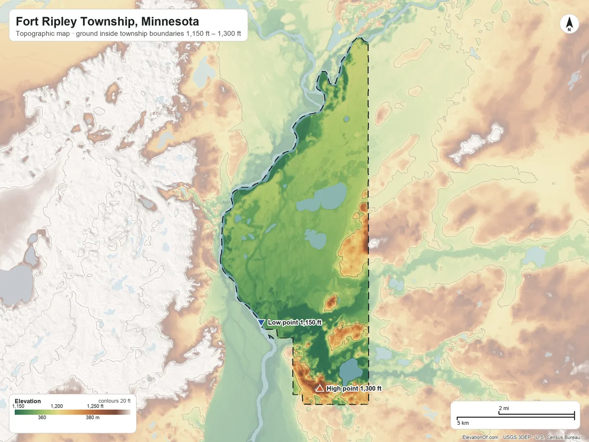 Topographic elevation map of Fort Ripley Township, Minnesota, shaded from 1,150 ft on the southwest side to 1,300 ft on the south side