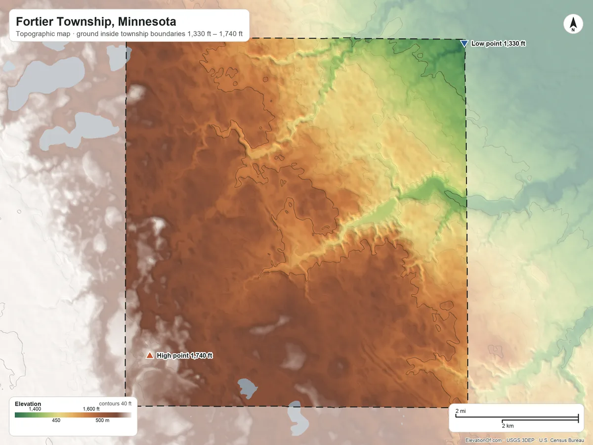 Topographic elevation map of Fortier Township, Minnesota, shaded from 1,330 ft on the northeast side to 1,740 ft on the southwest side