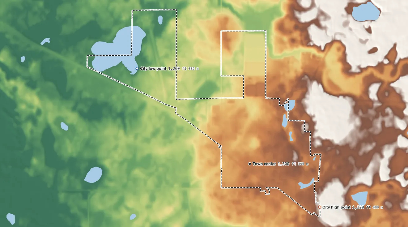 Topographic elevation map of Fosston, Minnesota, shaded from 1,260 ft on the northwest side to 1,320 ft on the southeast side