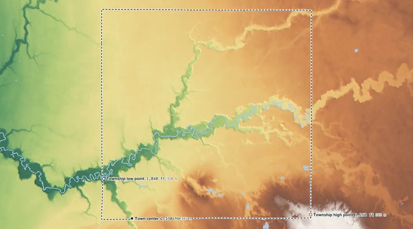 Topographic elevation map of Fossum Township, Minnesota, shaded from 1,040 ft on the northwest side to 1,260 ft on the east side