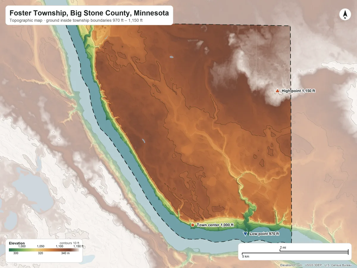 Topographic elevation map of Foster Township, Big Stone County, Minnesota, shaded from 970 ft on the east side to 1,150 ft on the northeast side