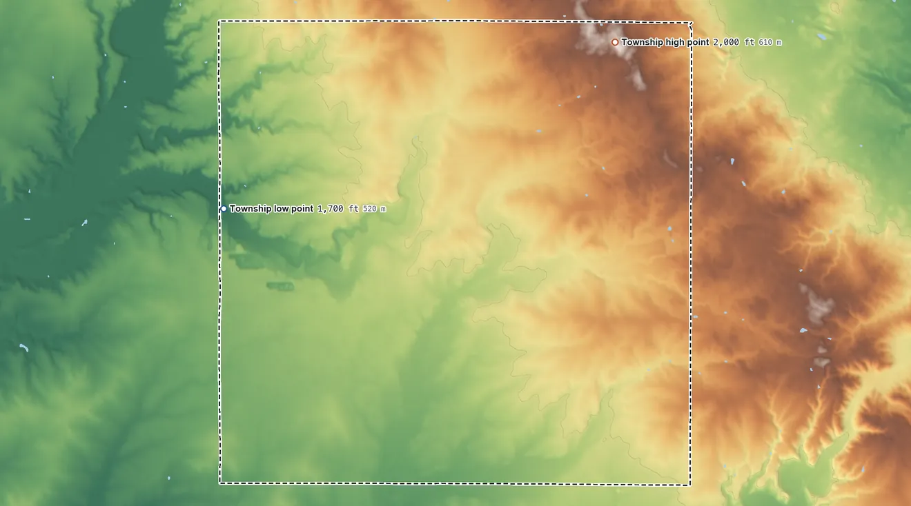 Topographic elevation map of Fountain Prairie Township, Minnesota, shaded from 1,700 ft on the west side to 2,000 ft on the northeast side