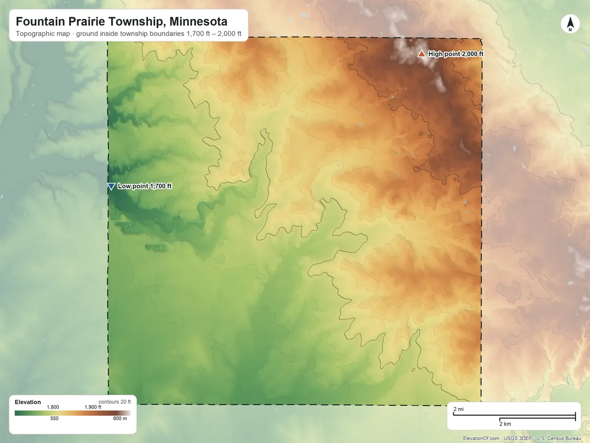 Topographic elevation map of Fountain Prairie Township, Minnesota, shaded from 1,700 ft on the west side to 2,000 ft on the northeast side