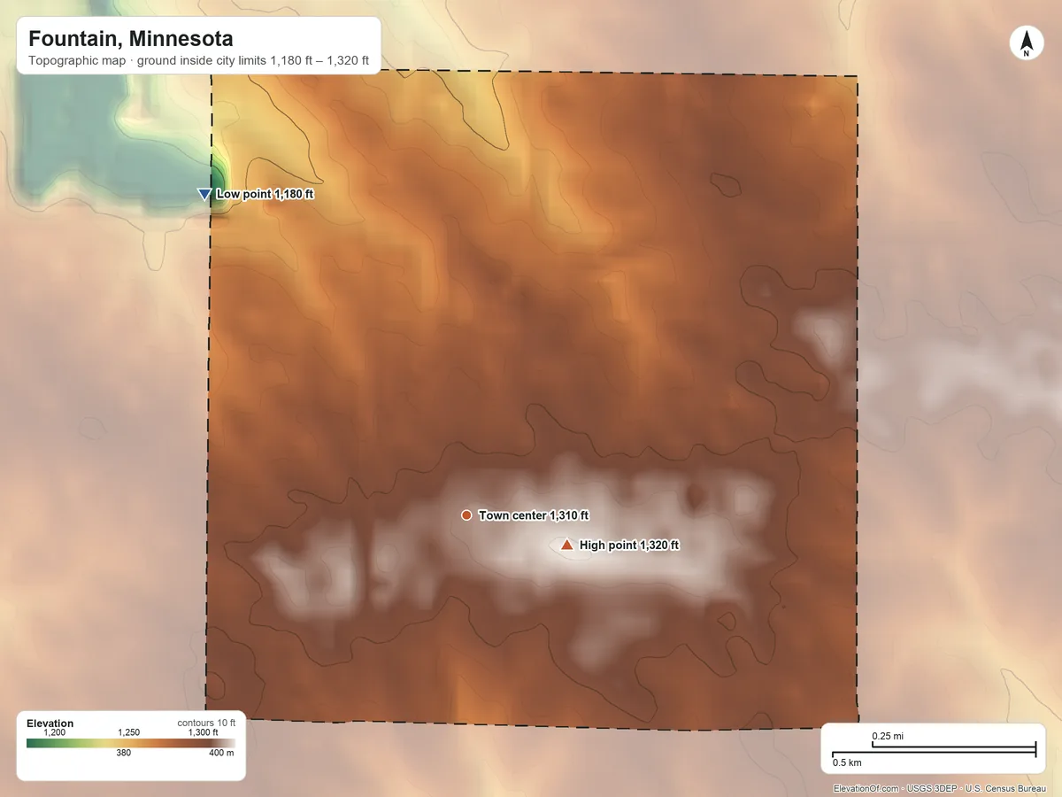 Topographic elevation map of Fountain, Minnesota, shaded from 1,180 ft on the northwest side to 1,320 ft on the east side
