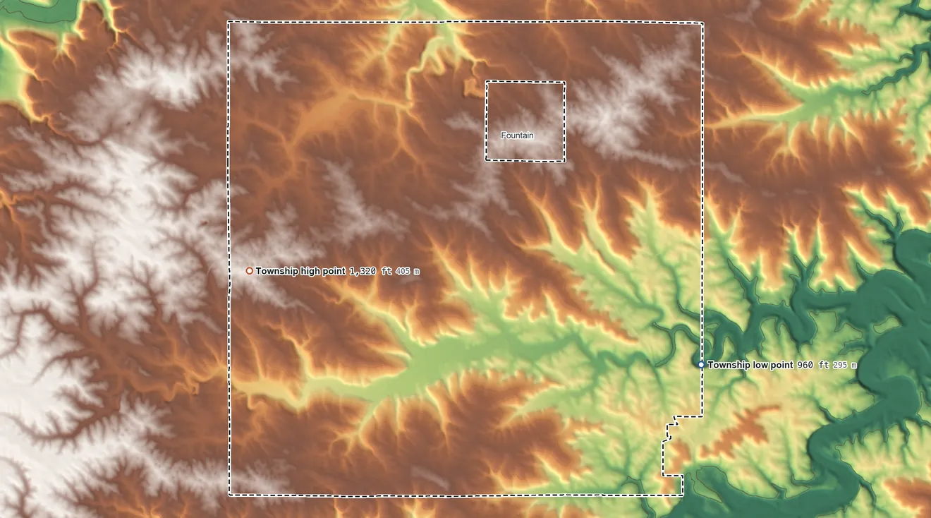 Topographic elevation map of Fountain Township, Minnesota, shaded from 960 ft on the east side to 1,320 ft on the west side