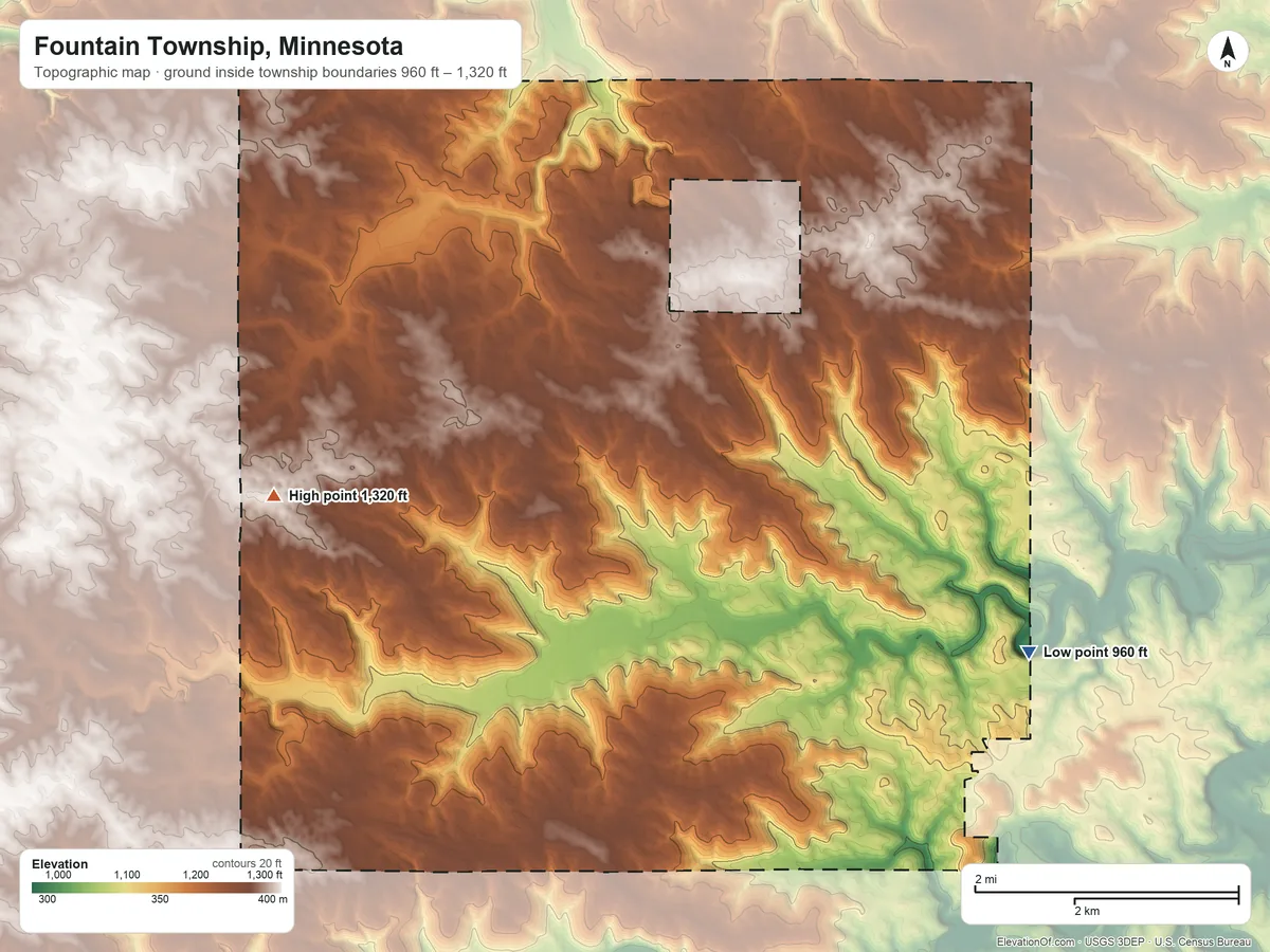 Topographic elevation map of Fountain Township, Minnesota, shaded from 960 ft on the east side to 1,320 ft on the west side
