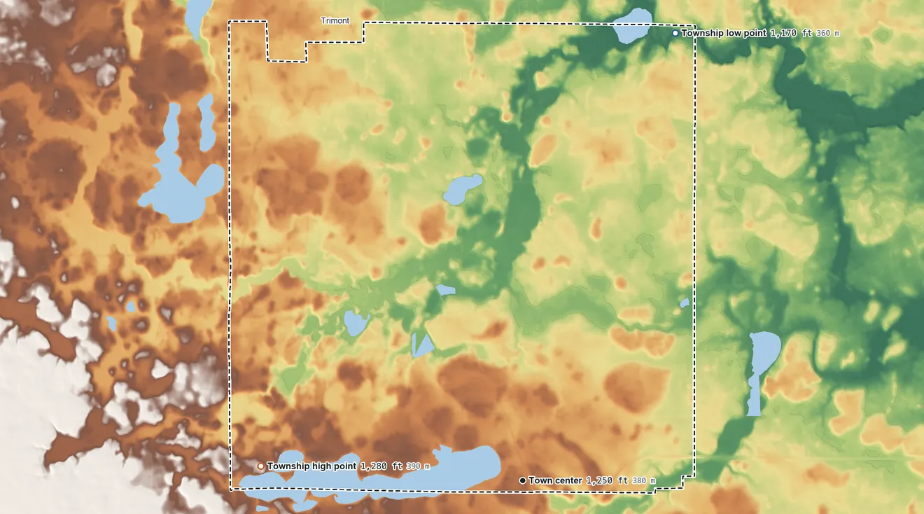 Topographic elevation map of Fox Lake Township, Minnesota, shaded from 1,170 ft on the north side to 1,280 ft on the west side