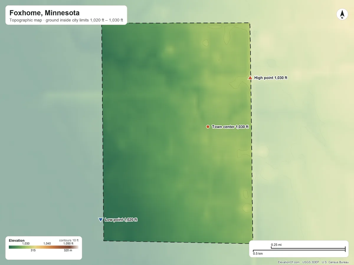 Topographic elevation map of Foxhome, Minnesota, shaded from 1,020 ft on the southwest side to 1,030 ft on the northeast side