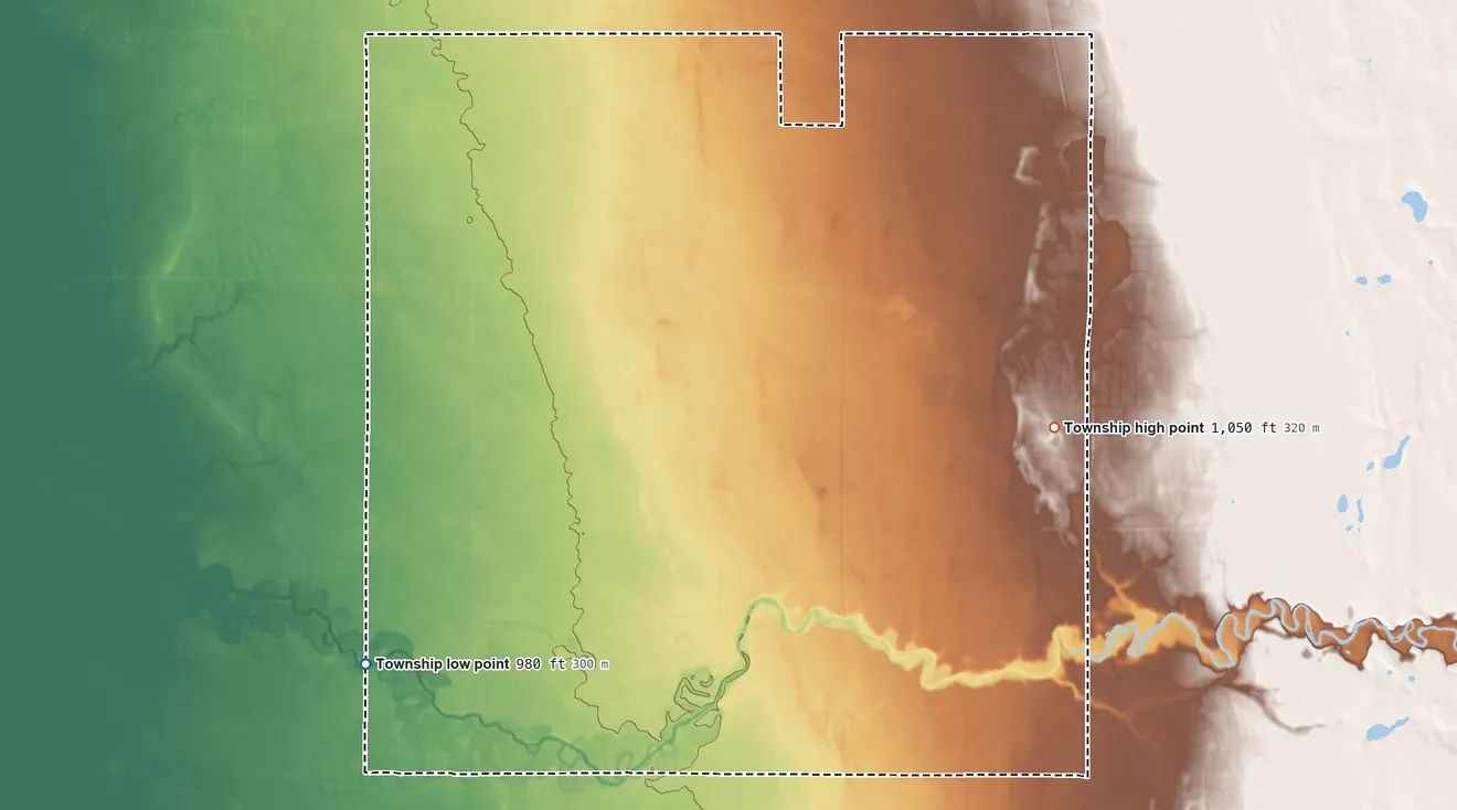 Topographic elevation map of Foxhome Township, Minnesota, shaded from 980 ft on the southwest side to 1,050 ft on the east side