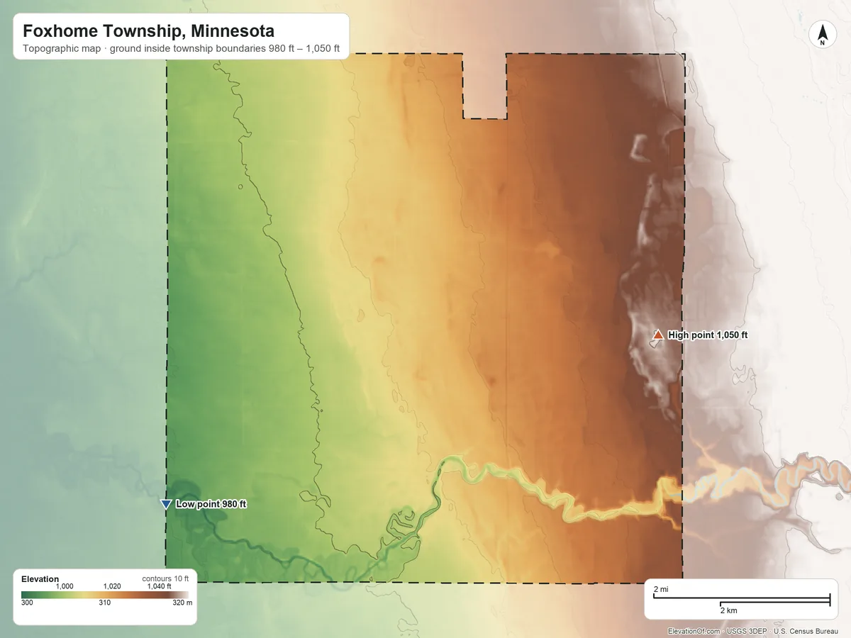 Topographic elevation map of Foxhome Township, Minnesota, shaded from 980 ft on the southwest side to 1,050 ft on the east side