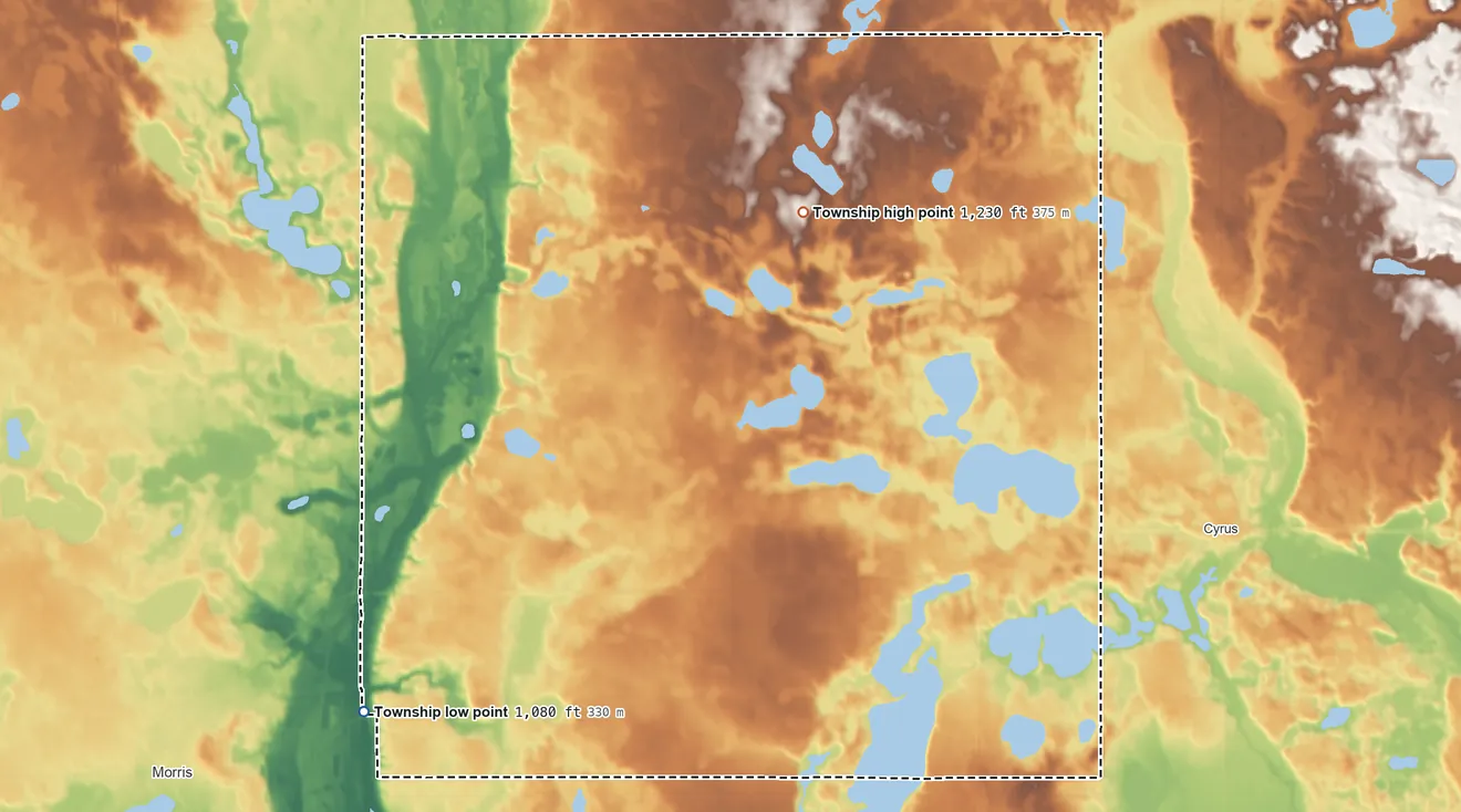 Topographic elevation map of Framnas Township, Minnesota, shaded from 1,080 ft on the southwest side to 1,230 ft on the northeast side