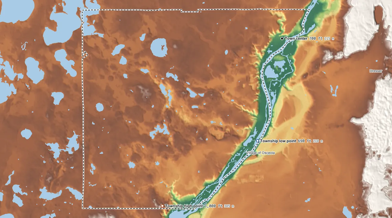 Topographic elevation map of Franconia Township, Minnesota, shaded from 690 ft on the south side to 1,000 ft on the southwest side