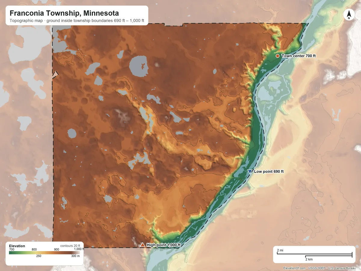 Topographic elevation map of Franconia Township, Minnesota, shaded from 690 ft on the south side to 1,000 ft on the southwest side