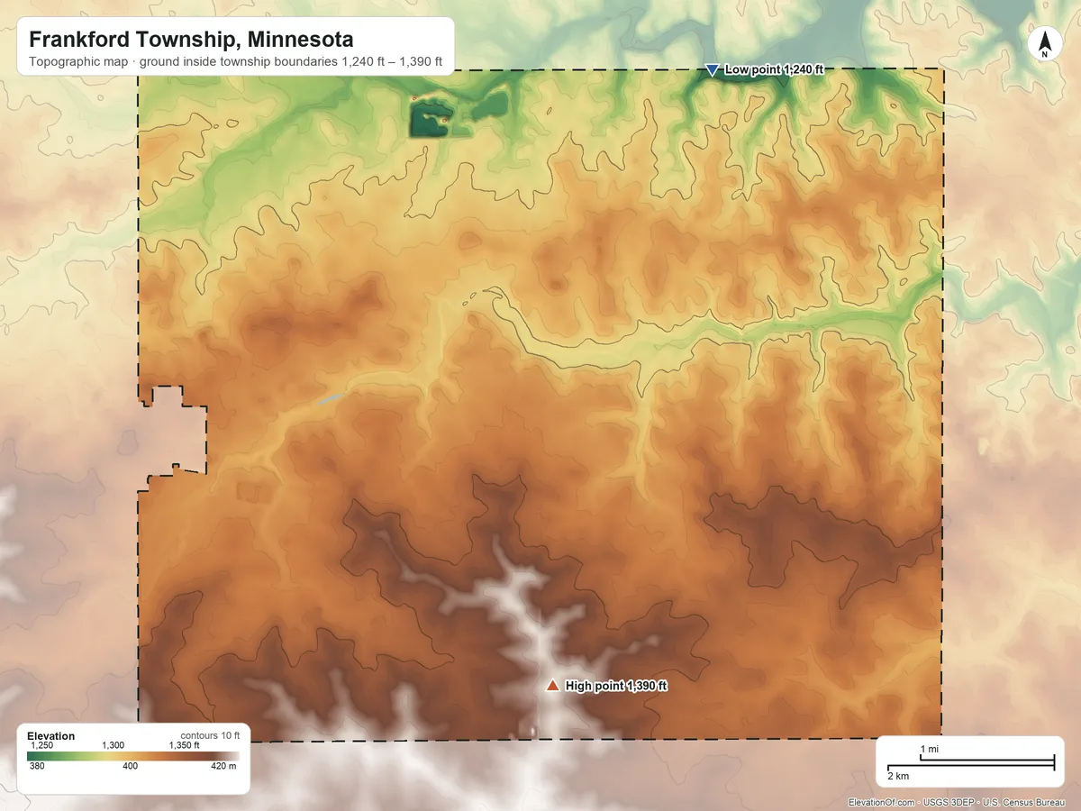 Topographic elevation map of Frankford Township, Minnesota, shaded from 1,240 ft on the northeast side to 1,390 ft on the south side