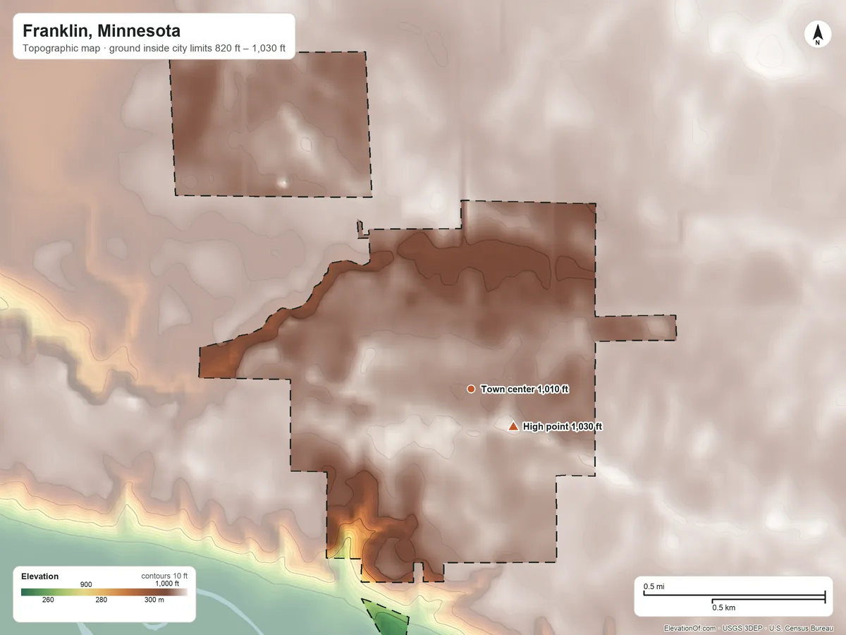 Topographic elevation map of Franklin, Minnesota, shaded from 820 ft on the south side to 1,030 ft near the middle