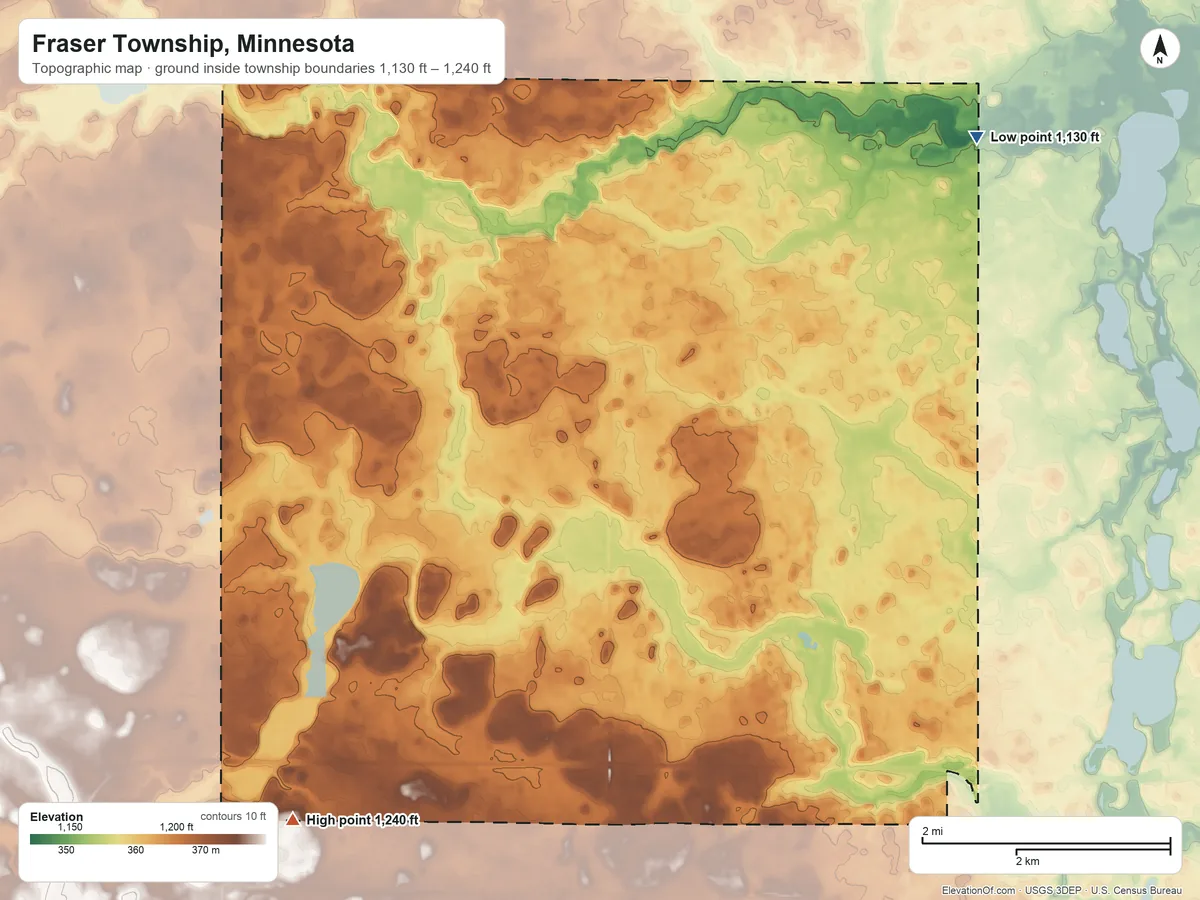 Topographic elevation map of Fraser Township, Minnesota, shaded from 1,130 ft on the northeast side to 1,240 ft on the southwest side