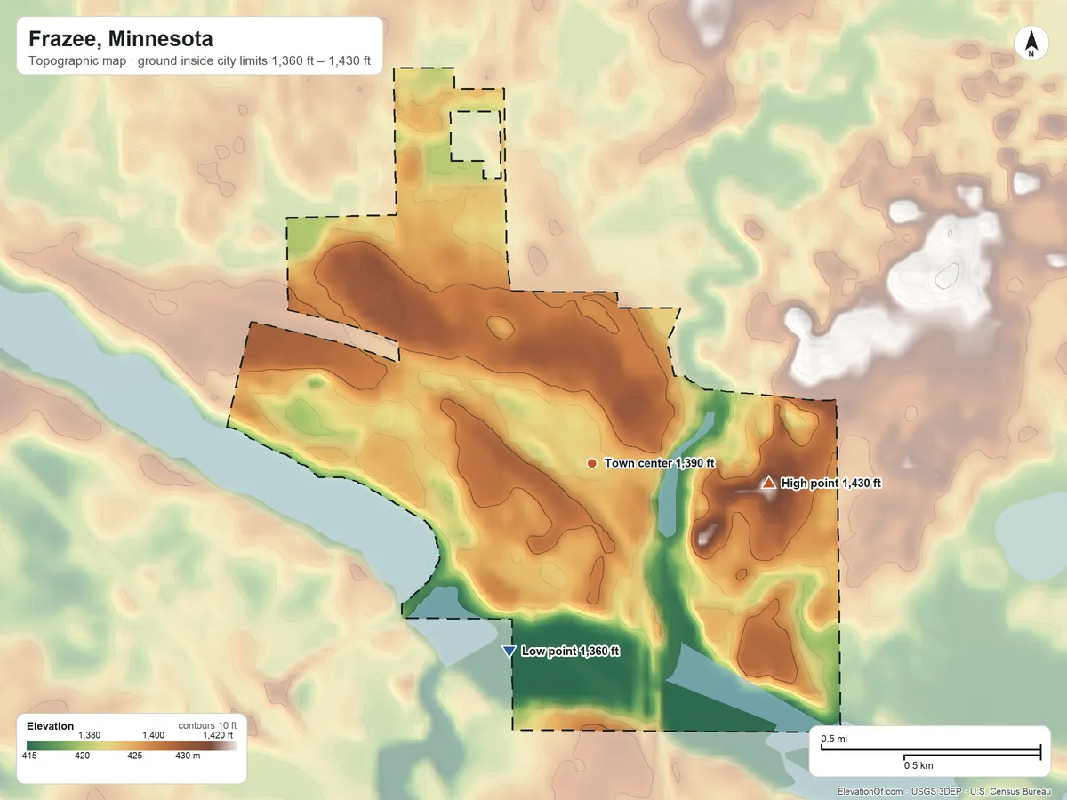 Topographic elevation map of Frazee, Minnesota, shaded from 1,360 ft on the southwest side to 1,430 ft on the east side