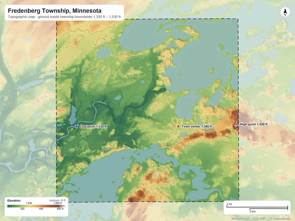 Topographic elevation map of Fredenberg Township, Minnesota, shaded from 1,330 ft on the west side to 1,530 ft on the east side