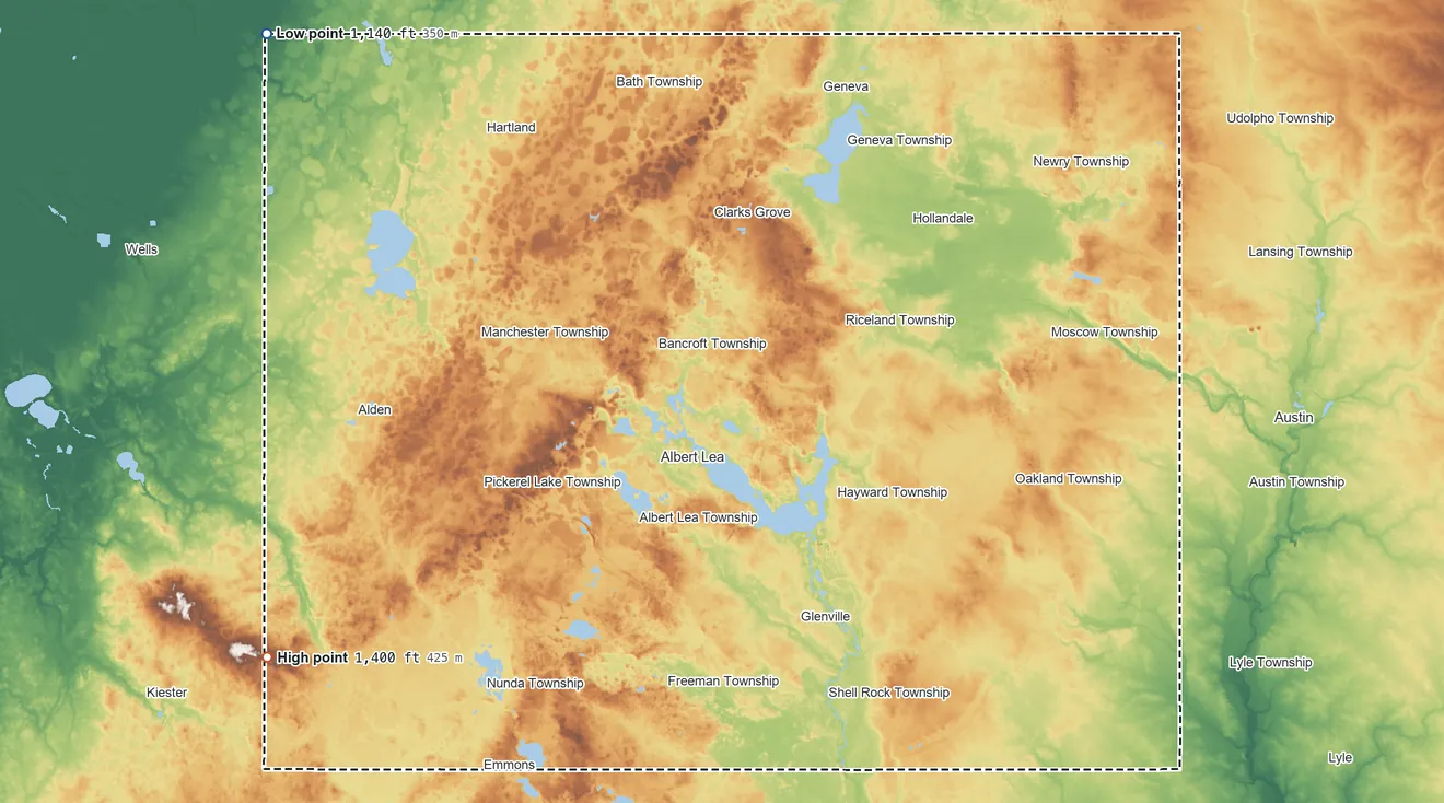 Topographic elevation map of Freeborn County, Minnesota, shaded from 1,140 ft on the northwest side to 1,400 ft on the southwest side