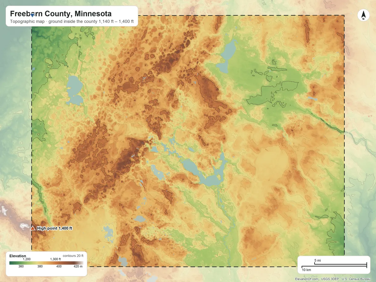 Topographic elevation map of Freeborn County, Minnesota, shaded from 1,140 ft on the northwest side to 1,400 ft on the southwest side