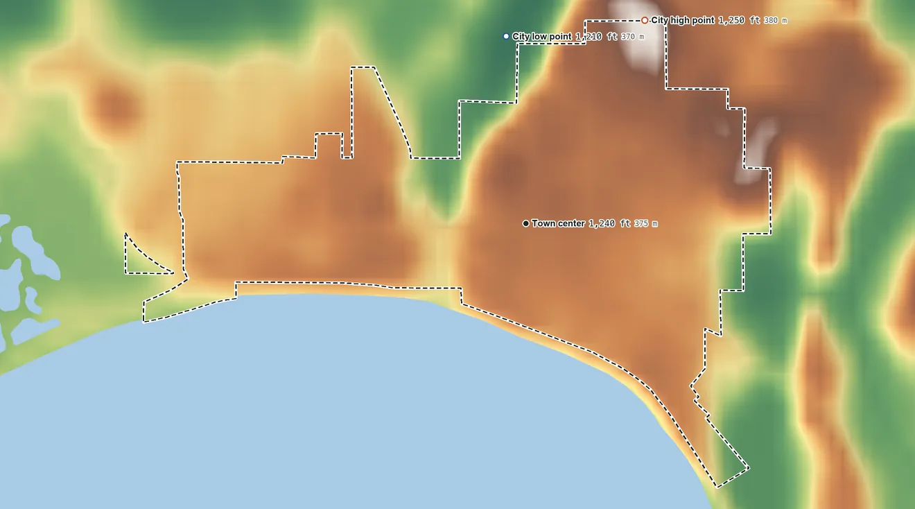 Topographic elevation map of Freeborn, Minnesota, shaded from 1,210 ft on the north side to 1,250 ft on the northeast side