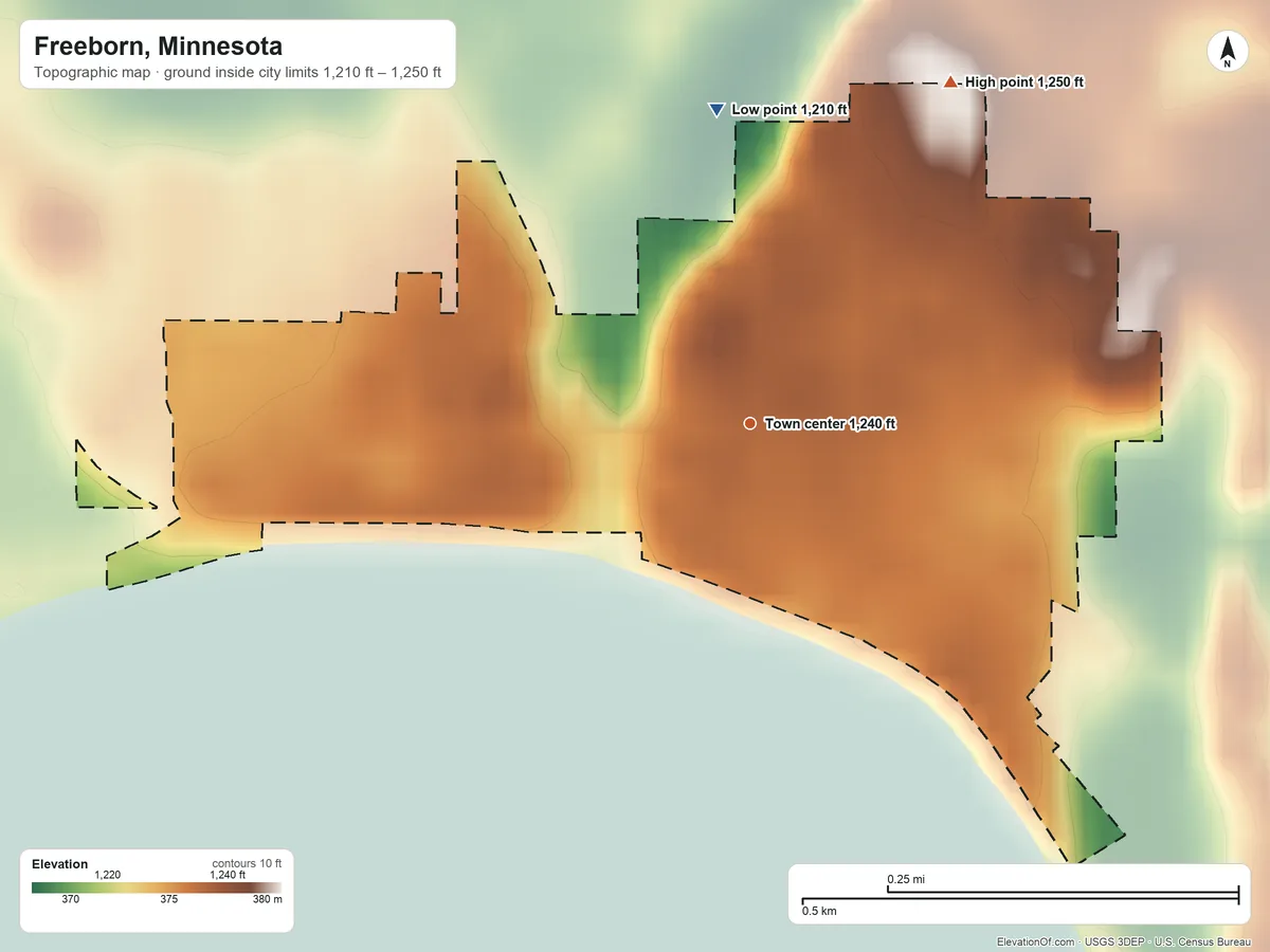 Topographic elevation map of Freeborn, Minnesota, shaded from 1,210 ft on the north side to 1,250 ft on the northeast side