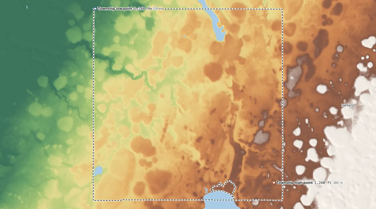 Topographic elevation map of Freeborn Township, Minnesota, shaded from 1,140 ft on the northwest side to 1,260 ft on the southeast side