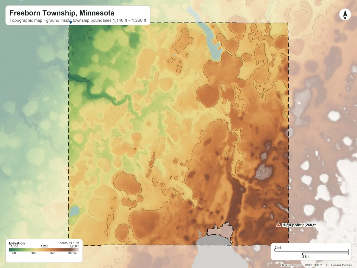 Topographic elevation map of Freeborn Township, Minnesota, shaded from 1,140 ft on the northwest side to 1,260 ft on the southeast side