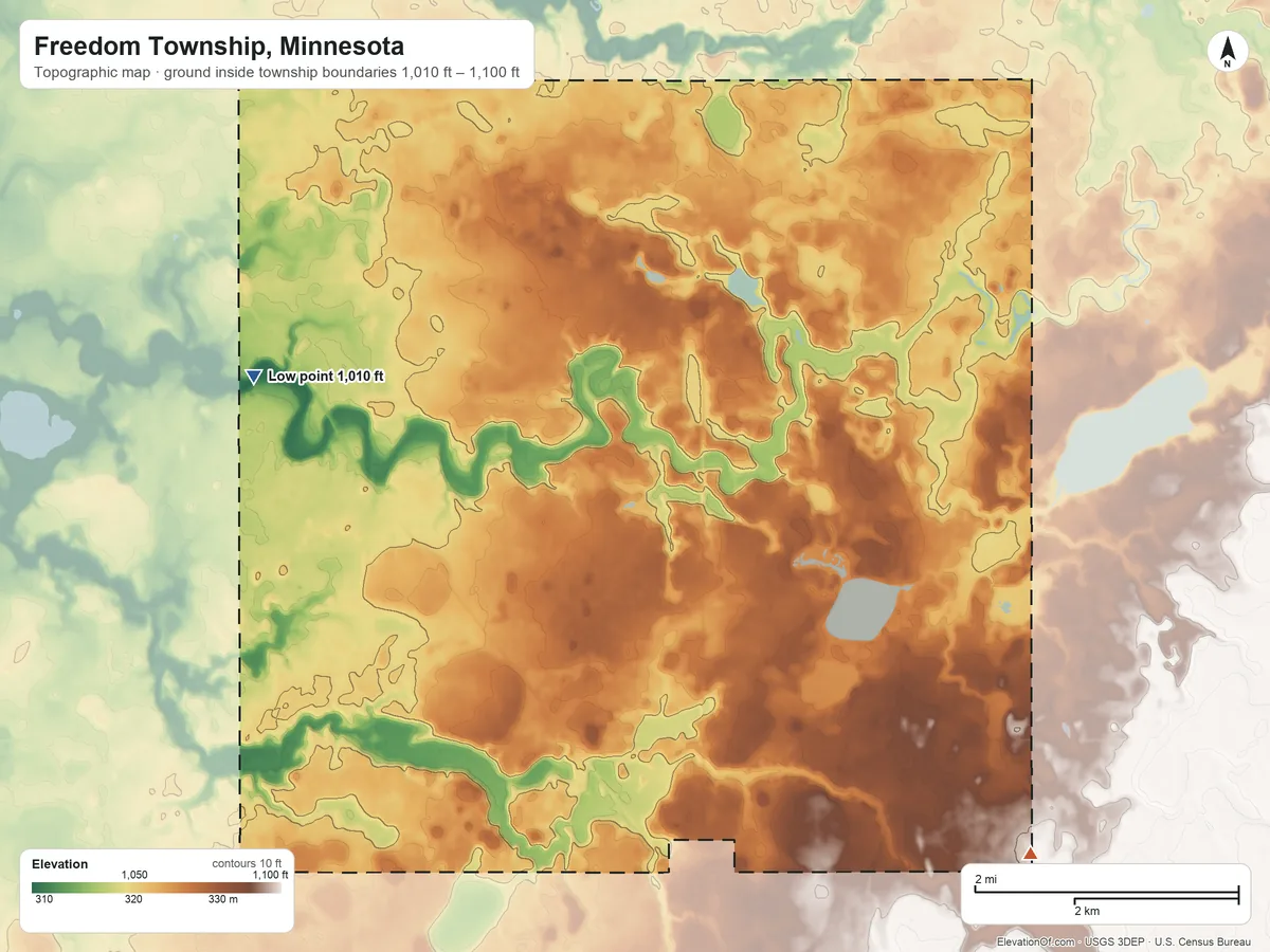 Topographic elevation map of Freedom Township, Minnesota, shaded from 1,010 ft on the west side to 1,100 ft on the southeast side