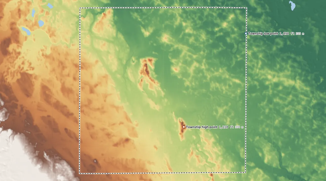 Topographic elevation map of Freeland Township, Minnesota, shaded from 1,090 ft on the northeast side to 1,210 ft on the southeast side