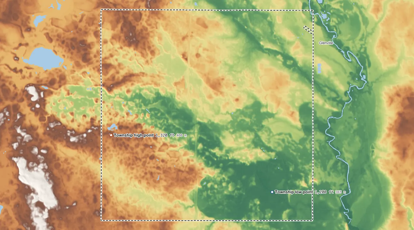 Topographic elevation map of Freeman Township, Minnesota, shaded from 1,200 ft on the southeast side to 1,320 ft on the west side