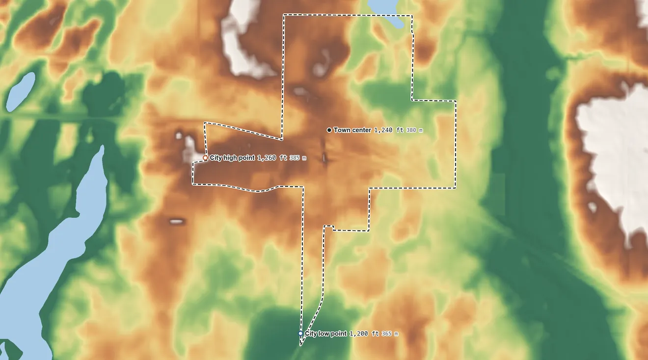 Topographic elevation map of Freeport, Minnesota, shaded from 1,200 ft on the south side to 1,260 ft on the west side