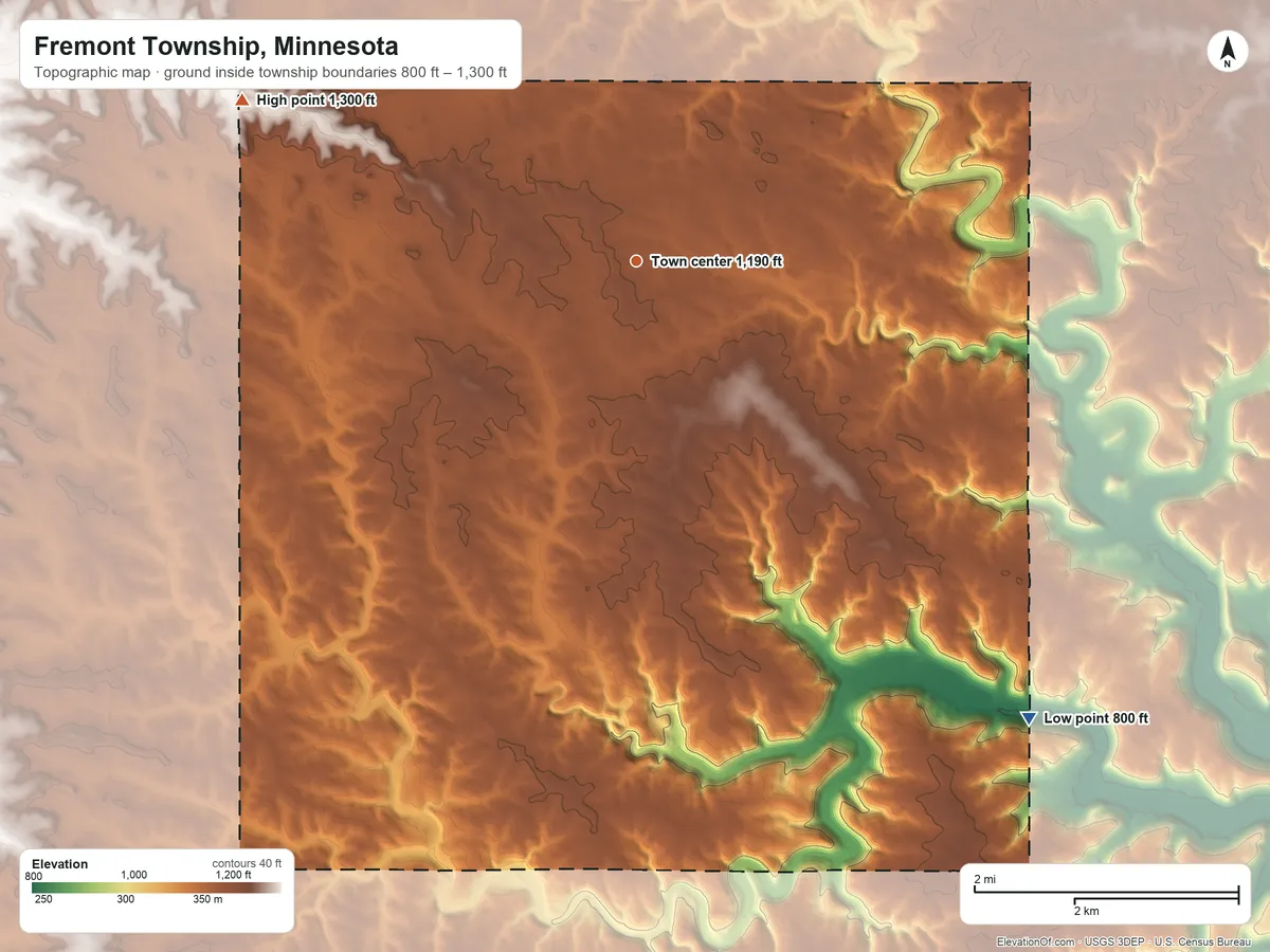 Topographic elevation map of Fremont Township, Minnesota, shaded from 800 ft on the southeast side to 1,300 ft on the west side