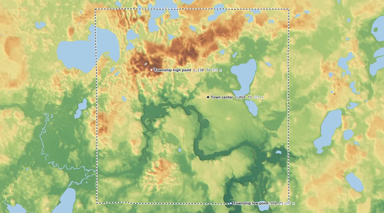 Topographic elevation map of French Lake Township, Minnesota, shaded from 980 ft on the south side to 1,230 ft on the northwest side