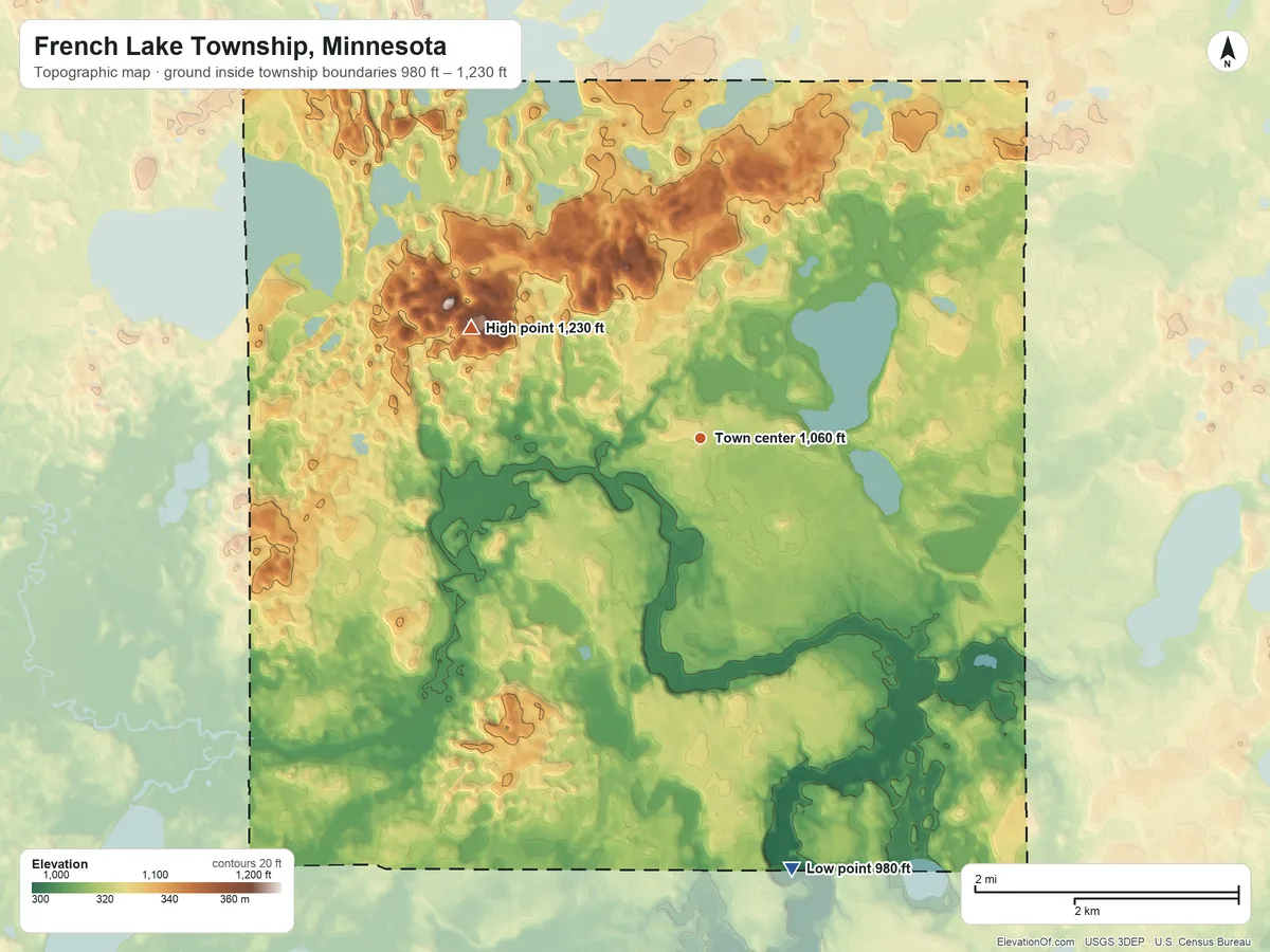 Topographic elevation map of French Lake Township, Minnesota, shaded from 980 ft on the south side to 1,230 ft on the northwest side