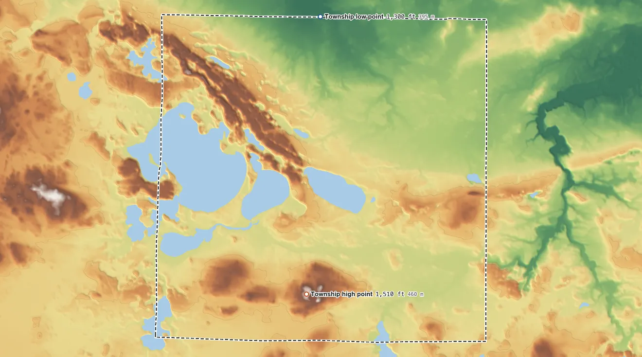 Topographic elevation map of French Township, Minnesota, shaded from 1,300 ft on the north side to 1,510 ft on the southeast side