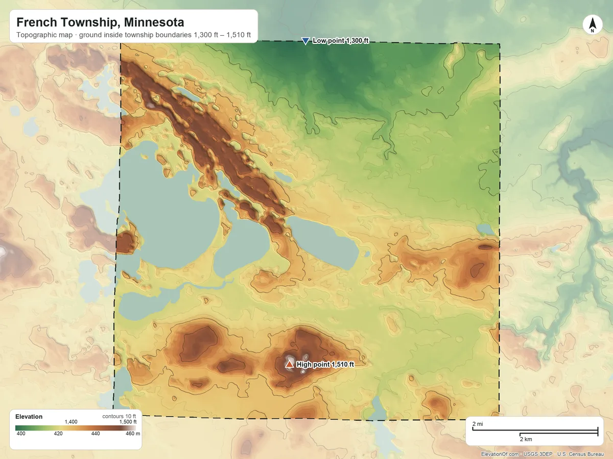 Topographic elevation map of French Township, Minnesota, shaded from 1,300 ft on the north side to 1,510 ft on the southeast side