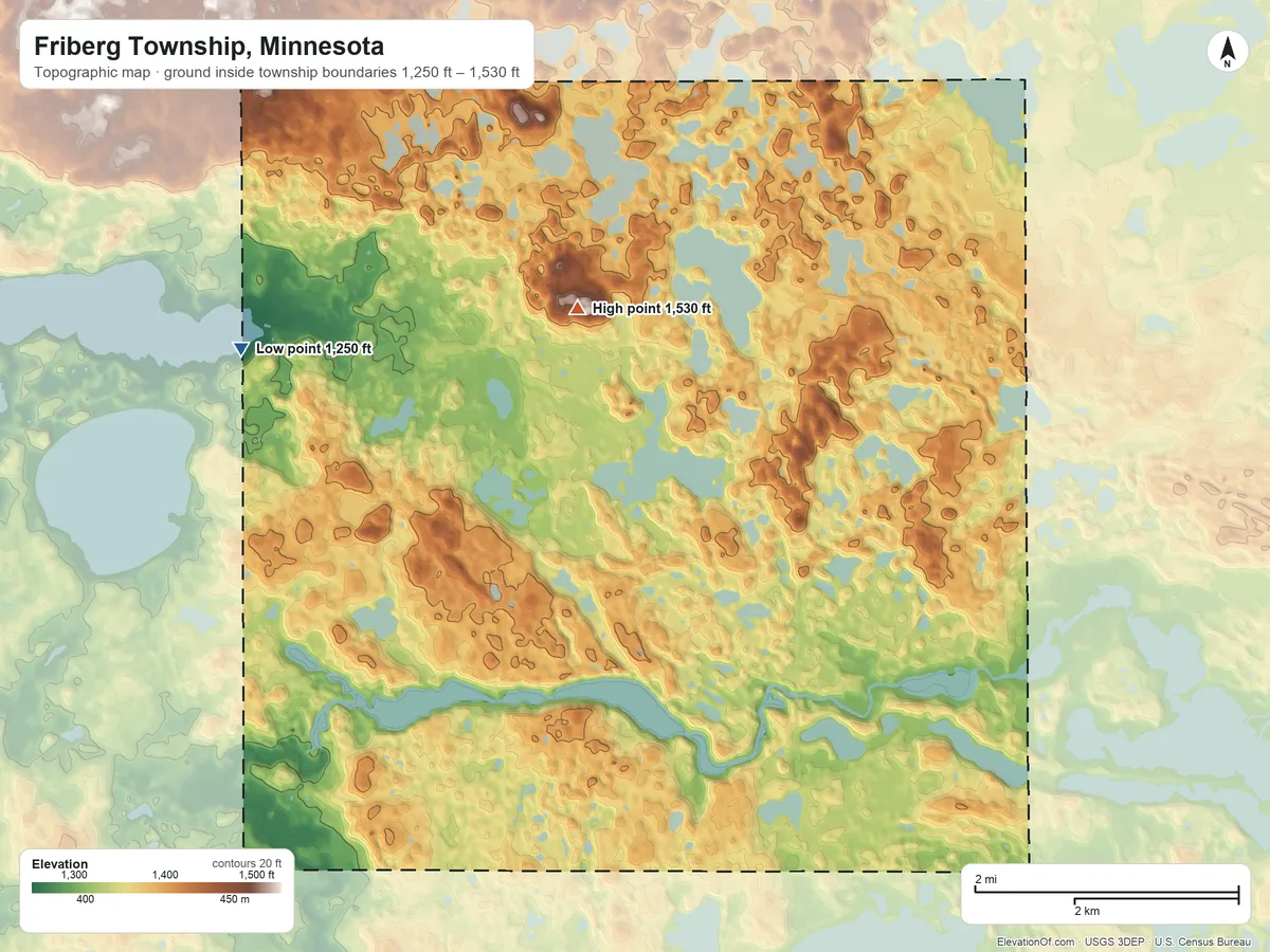 Topographic elevation map of Friberg Township, Minnesota, shaded from 1,250 ft on the west side to 1,530 ft on the north side