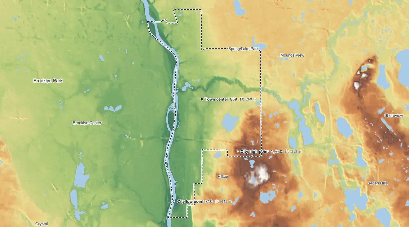 Topographic elevation map of Fridley, Minnesota, shaded from 810 ft on the south side to 1,040 ft on the southeast side