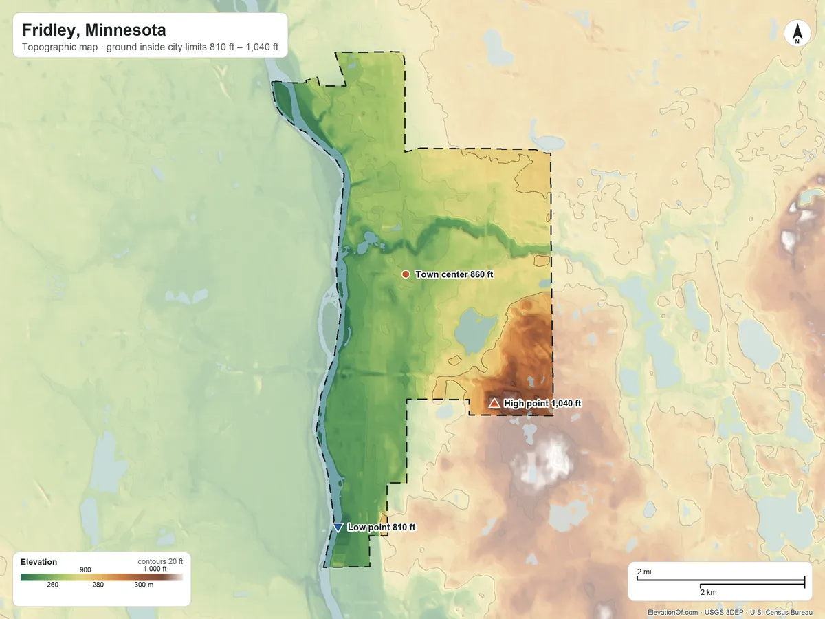 Topographic elevation map of Fridley, Minnesota, shaded from 810 ft on the south side to 1,040 ft on the southeast side