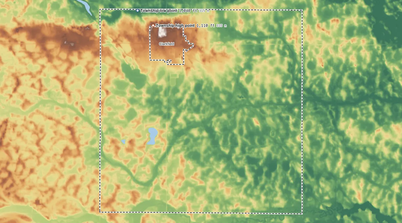 Topographic elevation map of Friendship Township, Minnesota, shaded from 1,040 ft on the northwest side to 1,110 ft on the northwest side
