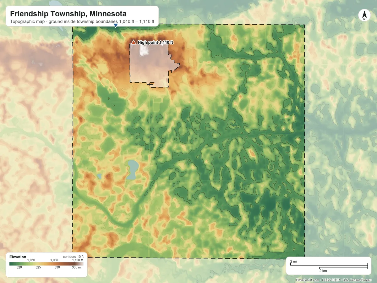 Topographic elevation map of Friendship Township, Minnesota, shaded from 1,040 ft on the northwest side to 1,110 ft on the northwest side