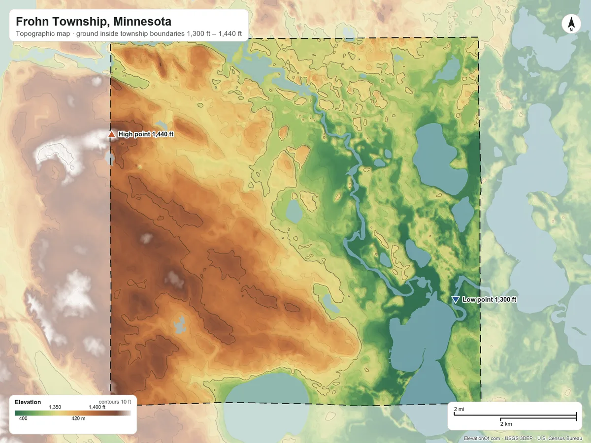 Topographic elevation map of Frohn Township, Minnesota, shaded from 1,300 ft on the east side to 1,440 ft on the northwest side
