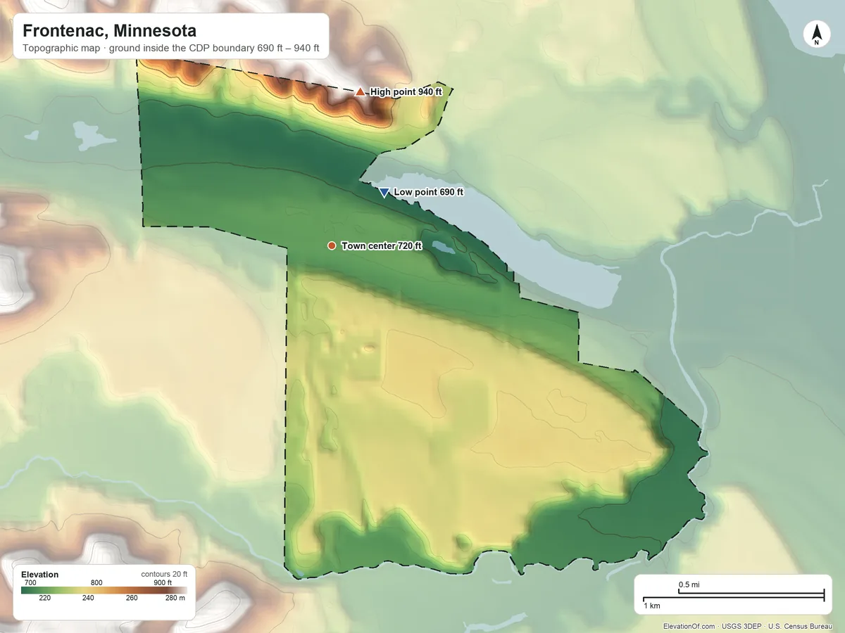 Topographic elevation map of Frontenac, Minnesota, shaded from 690 ft near the middle to 940 ft on the north side