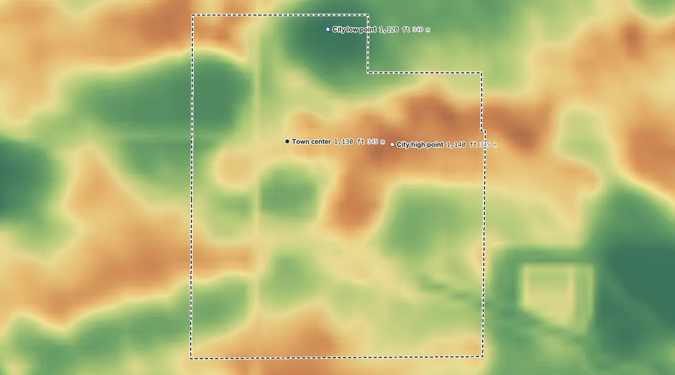 Topographic elevation map of Frost, Minnesota, shaded from 1,120 ft on the north side to 1,140 ft on the east side