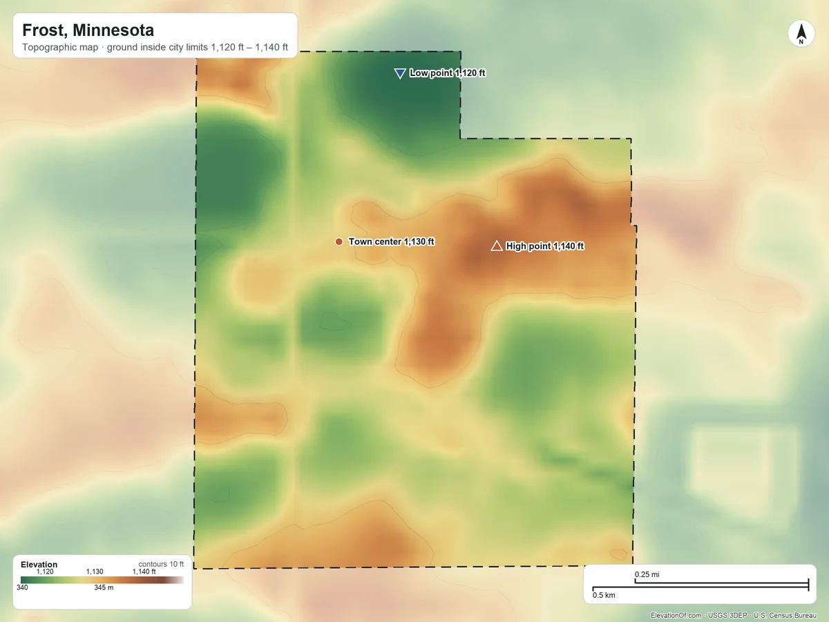 Topographic elevation map of Frost, Minnesota, shaded from 1,120 ft on the north side to 1,140 ft on the east side